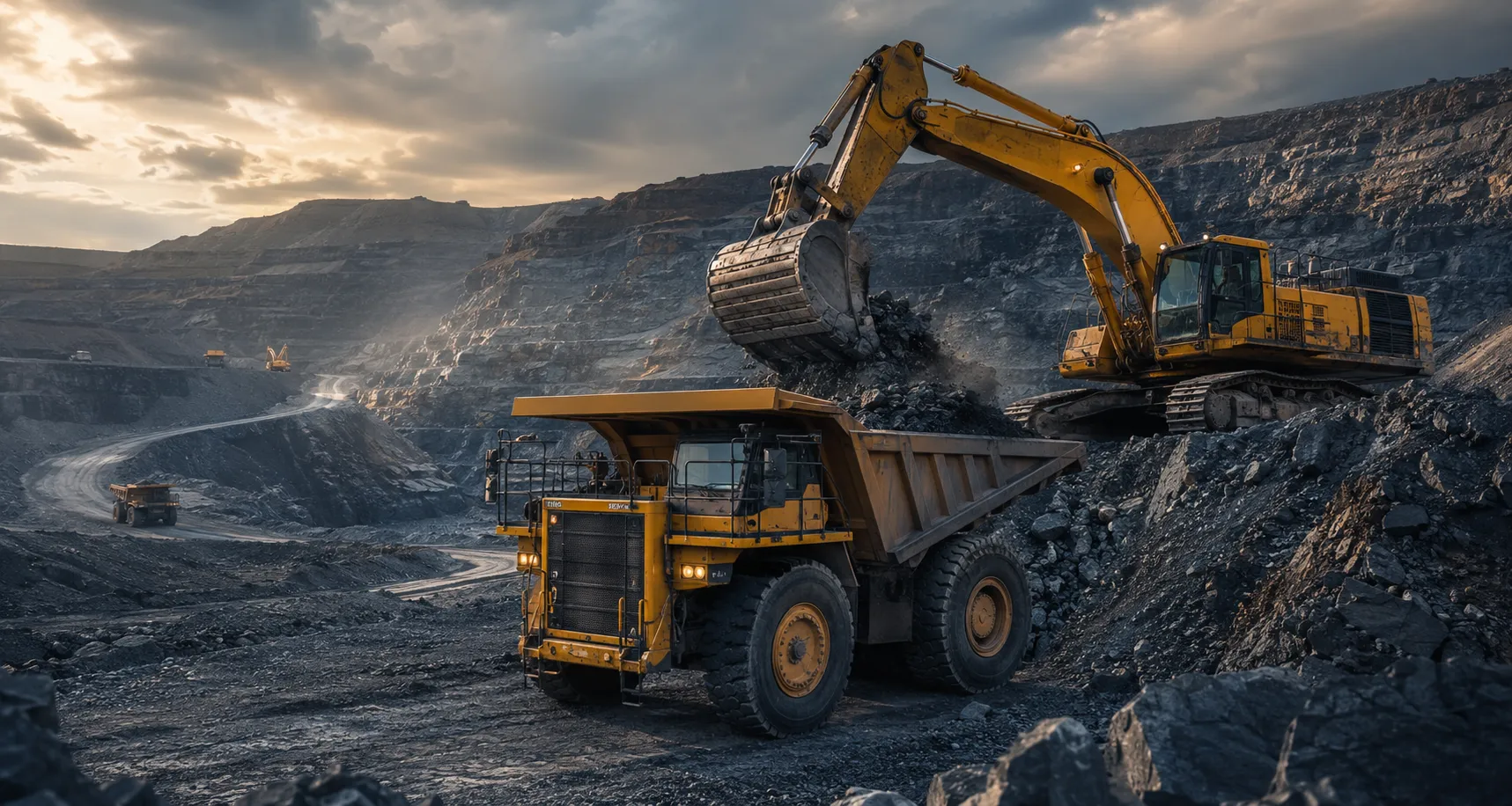 Excavator loading a haul truck at a mining operation